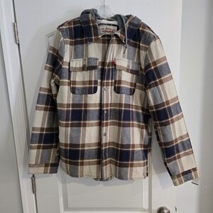 Levi’s Sherpa Lined Plaid Hooded Jacket Men’s Medium Brown Flannel Trucker NWT